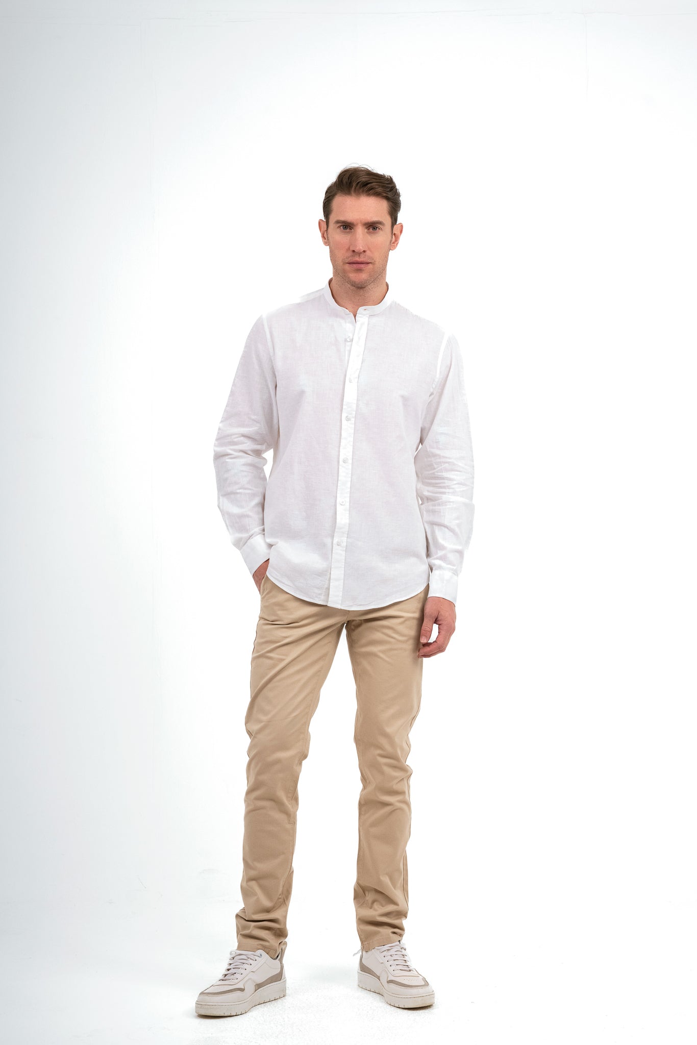 Half Collar Linen Shirt - White