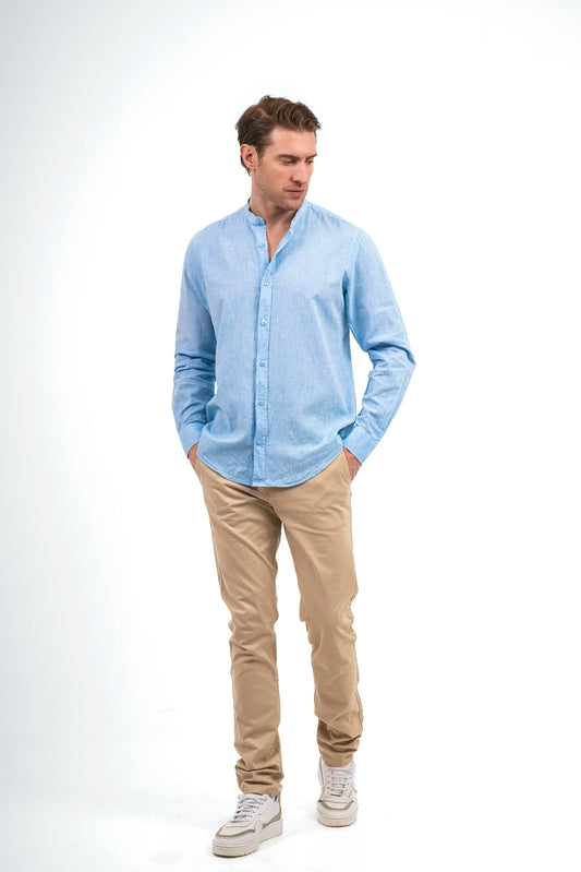 Half Collar Linen Shirt - Baby blue