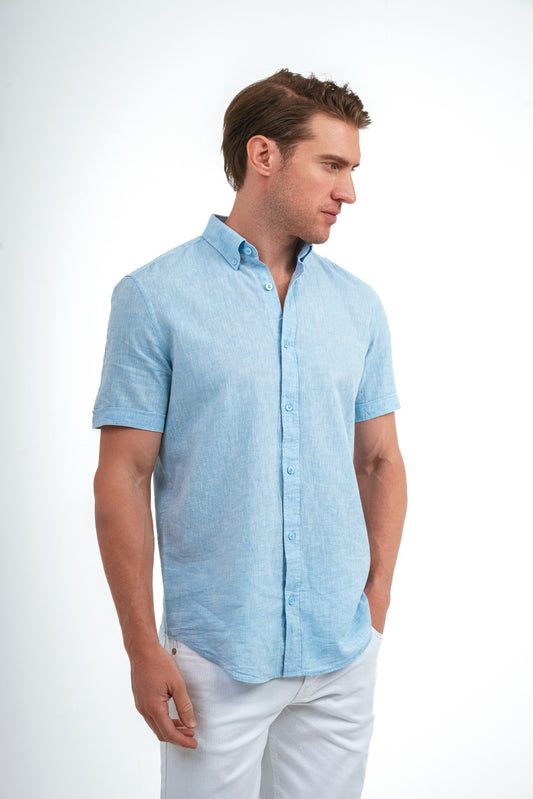 Short Sleeves Linen Shirt - Baby Blue
