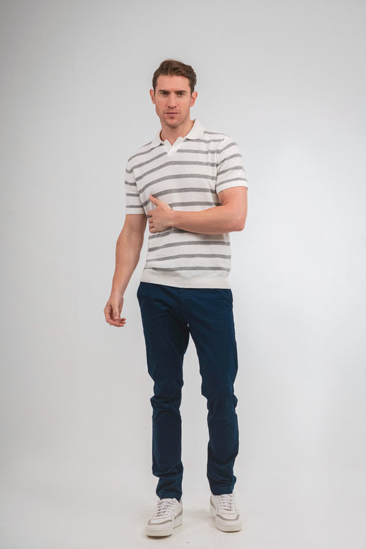 Striped Knit Polo Shirt - Off White*Grey