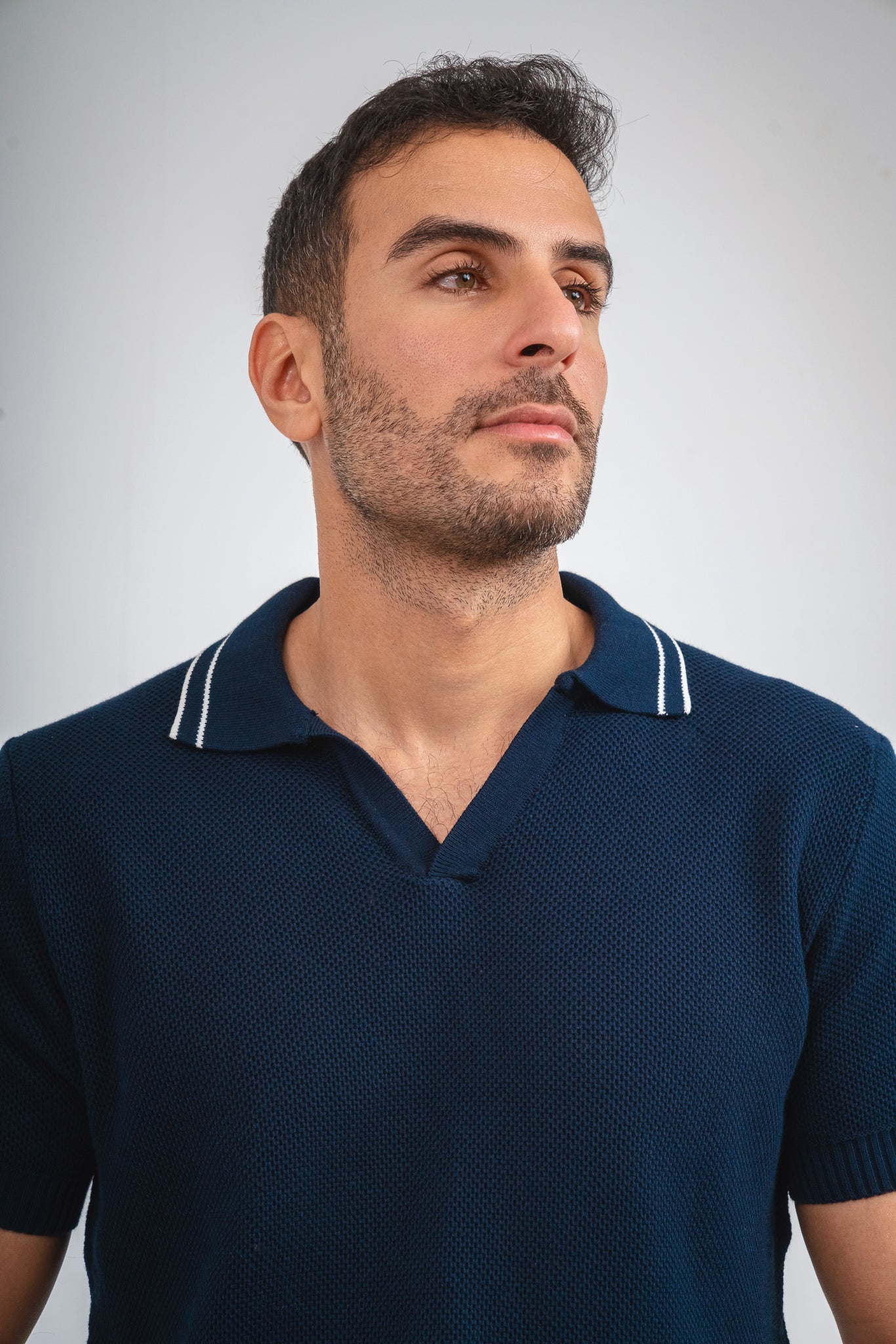 Contrasted Collar Knit polo Shirt - Navy Blue