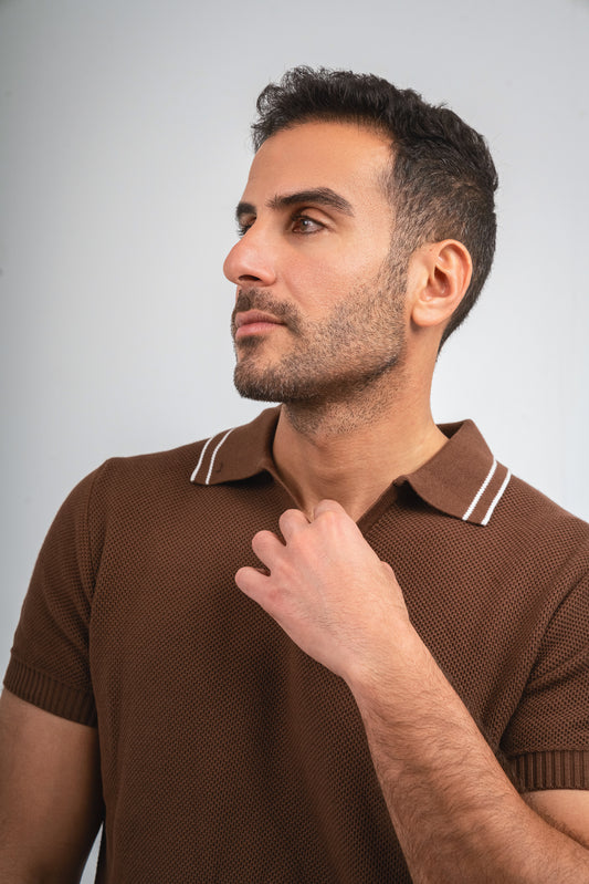 Contrasted collar Knit polo Shirt - Brown