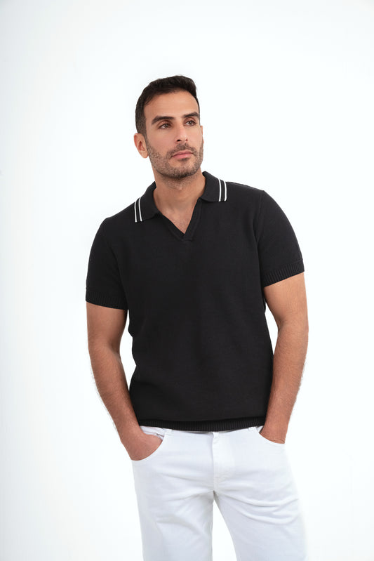 Contrasted Collar Knit Polo Shirt - Black