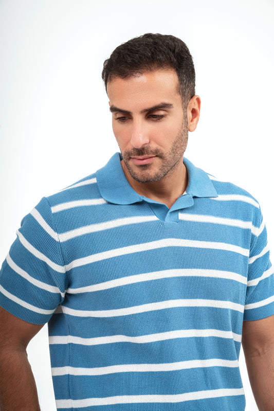 Striped Knit Polo Shirt - Baby Blue*White