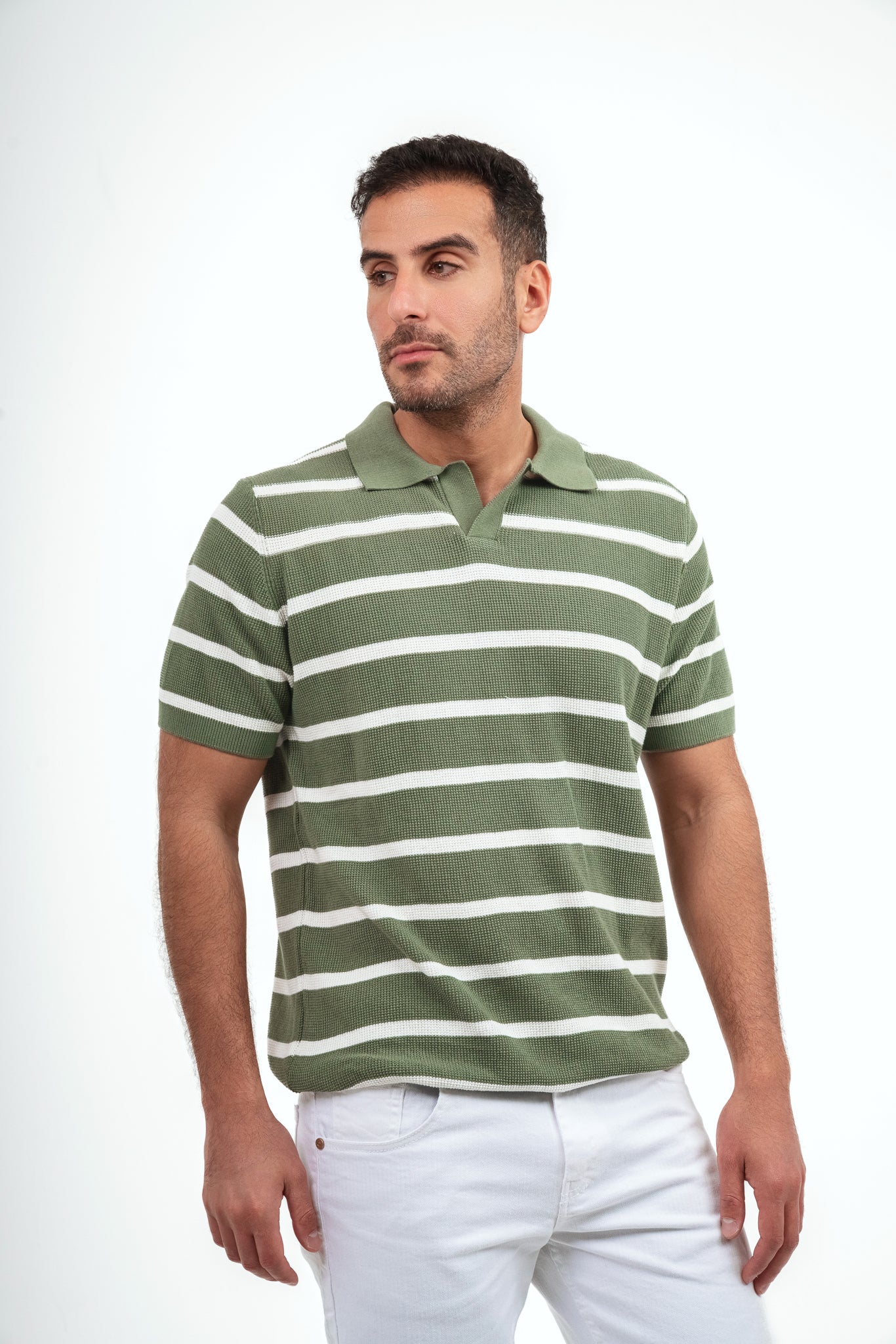 Striped Kint Polo Shirt - Olive*White