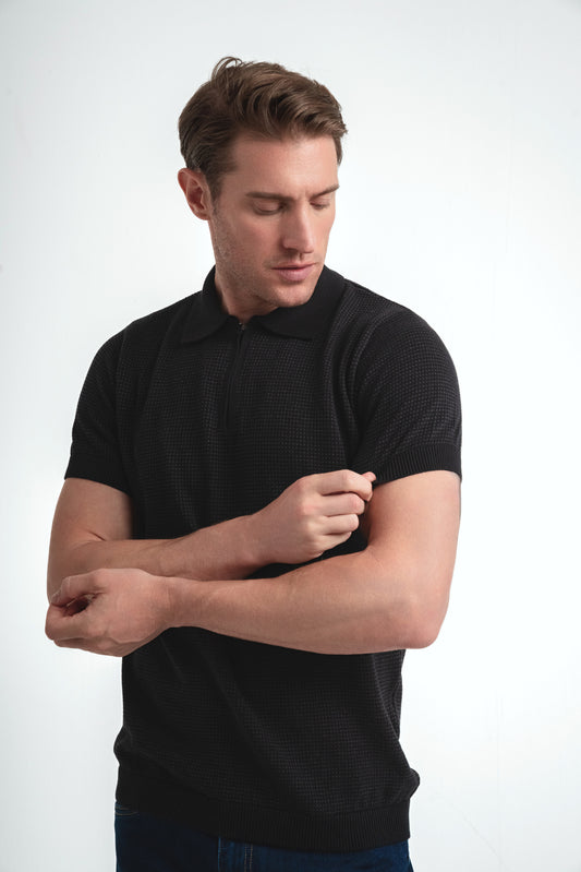Quarter Zip Knit polo Shirt - Black