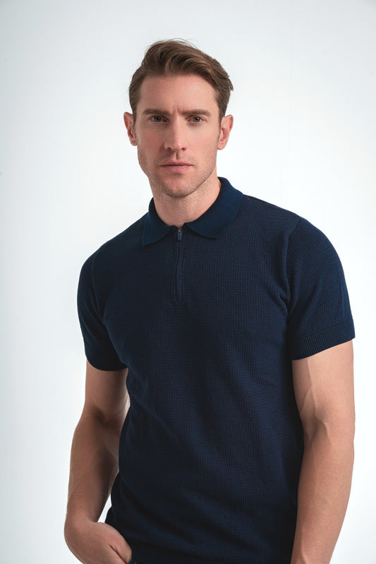 Quarter Zip Knit polo Shirt - Navy Blue