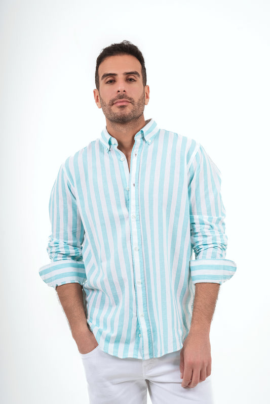 Striped Linen Shirt - White X Turquoise