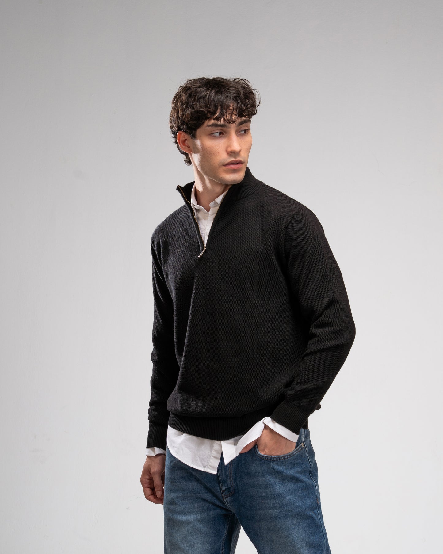 Pique Knit Quarter-Zip Sweater - Black