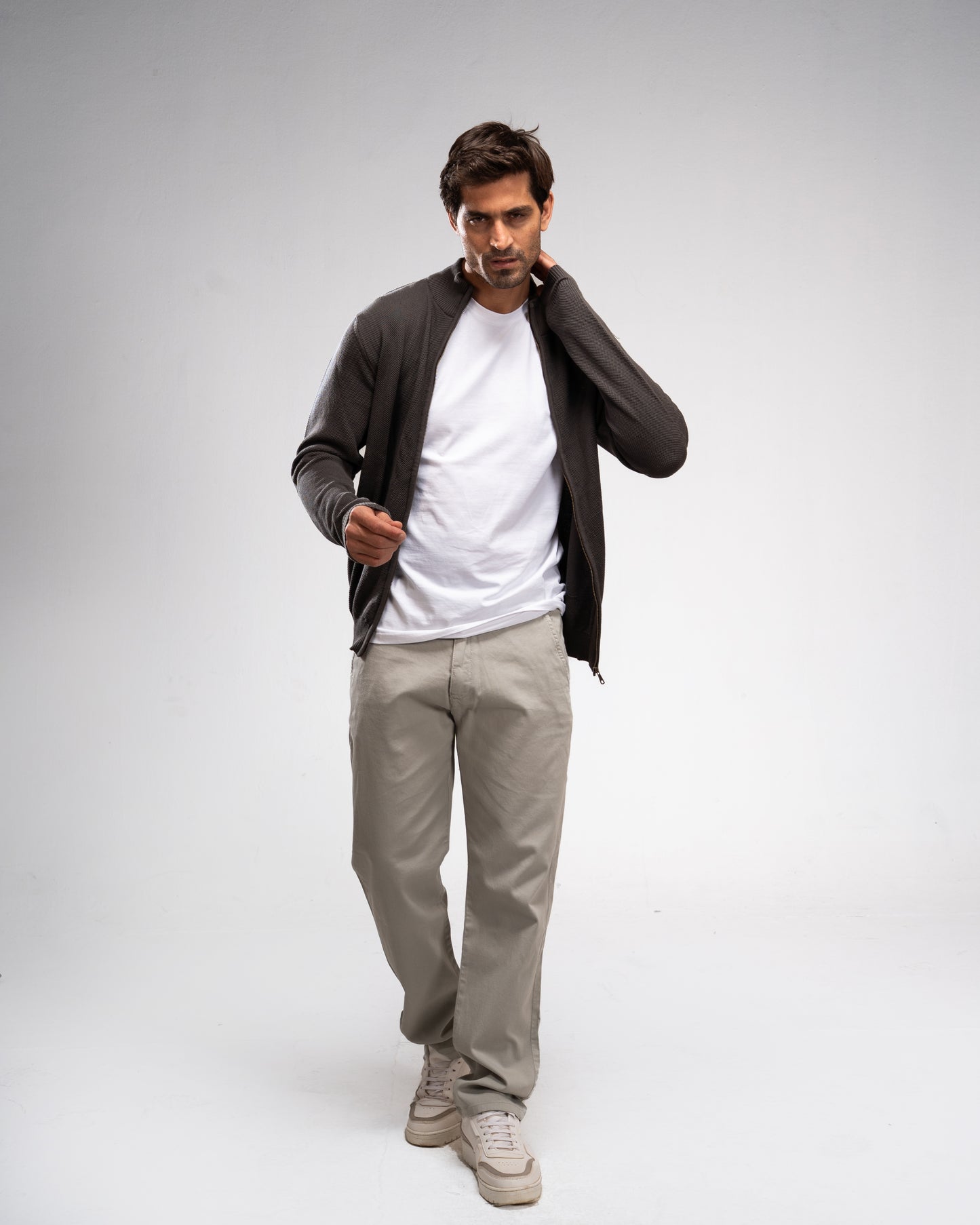 Pique Knit Full-Zip Sweater - Khaki