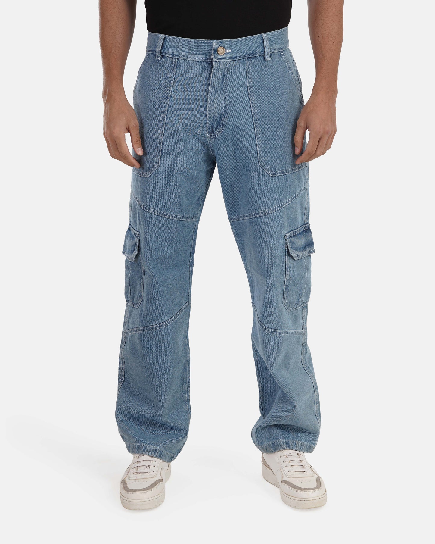 Relaxed Fit Cargo Jeans - Light Blue