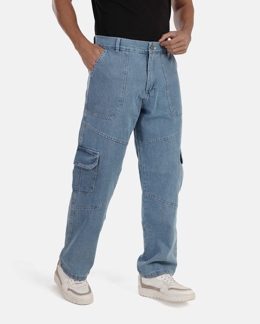 Relaxed Fit Cargo Jeans - Light Blue