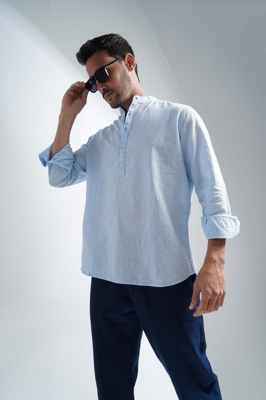 Half Collar Linen Shirt - Baby Blue