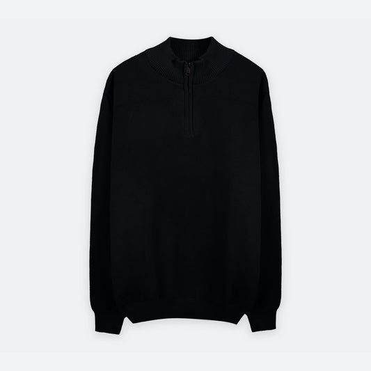 Pique Knit Quarter-Zip Sweater  - Black