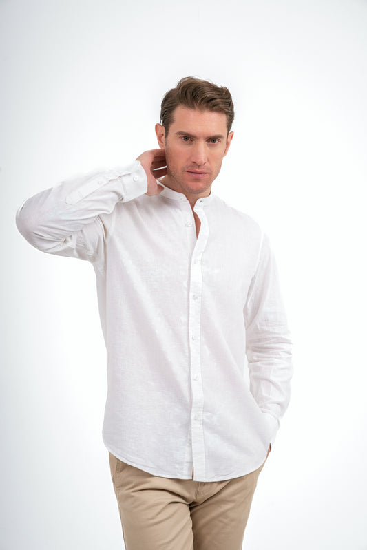 Half Collar Linen Shirt - White