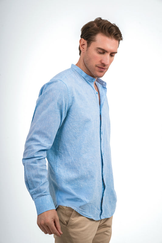 Half Collar Linen Shirt - Baby blue