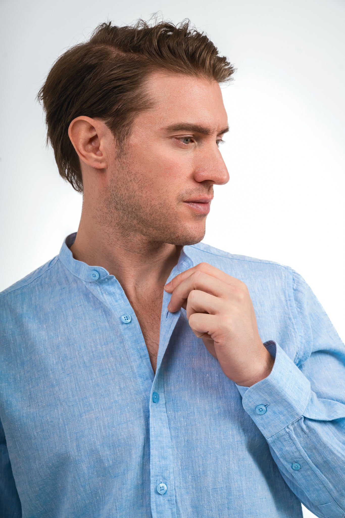 Half Collar Linen Shirt - Baby blue