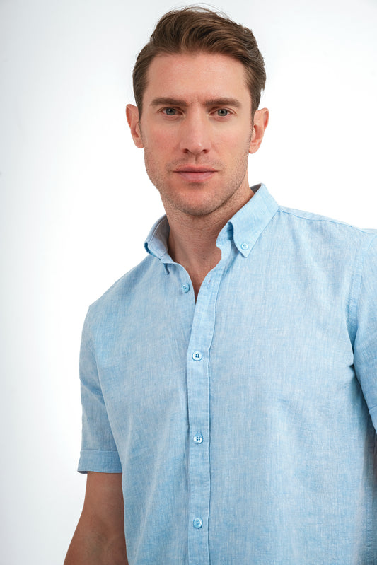 Short Sleeves Linen Shirt - Baby Blue