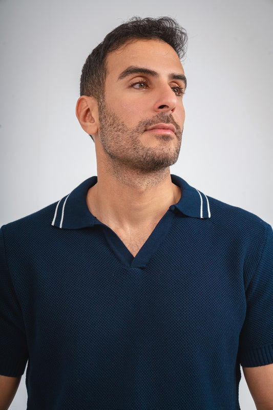 Contrasted Collar Knit polo Shirt - Navy Blue