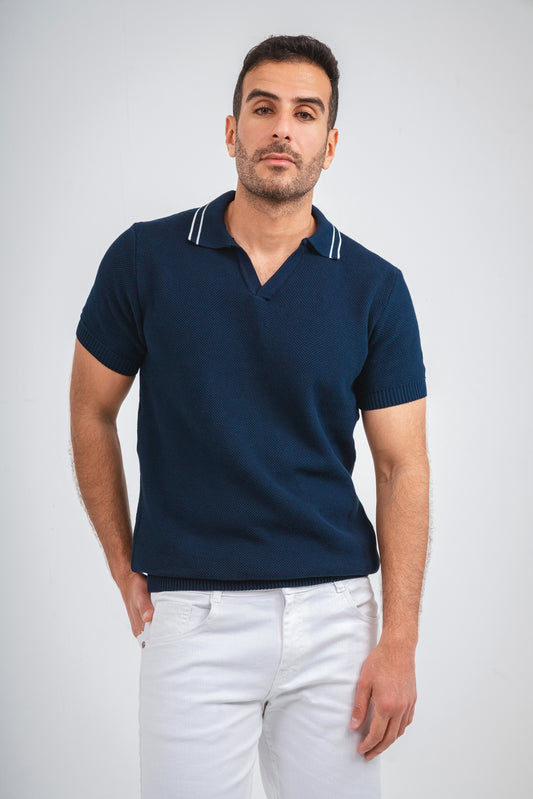 Contrasted Collar Knit polo Shirt - Navy Blue