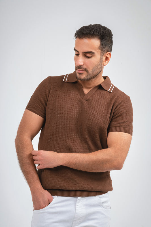 Contrasted collar Knit polo Shirt - Brown