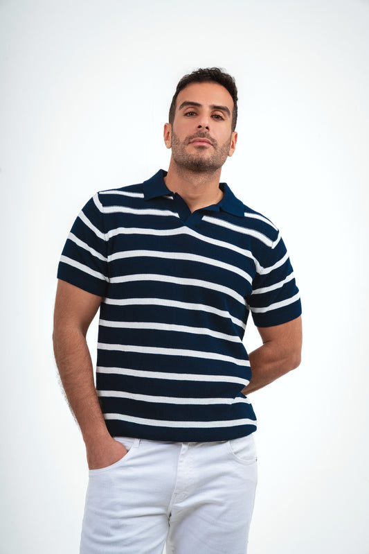 Striped Knit polo Shirt - Navy Blue*White