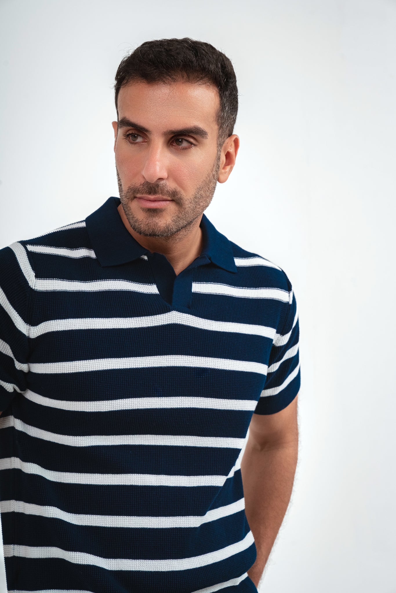 Striped Knit polo Shirt - Navy Blue*White