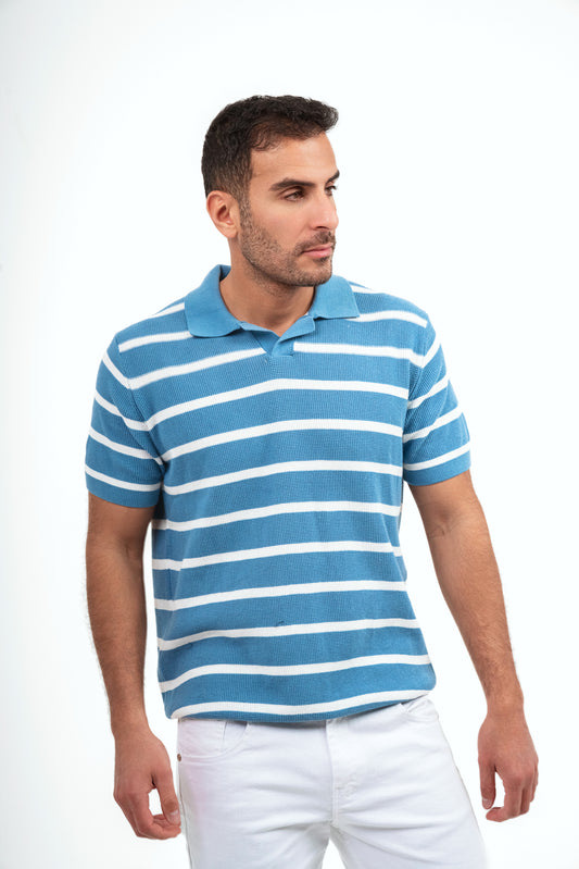Striped Knit Polo Shirt - Baby Blue*White