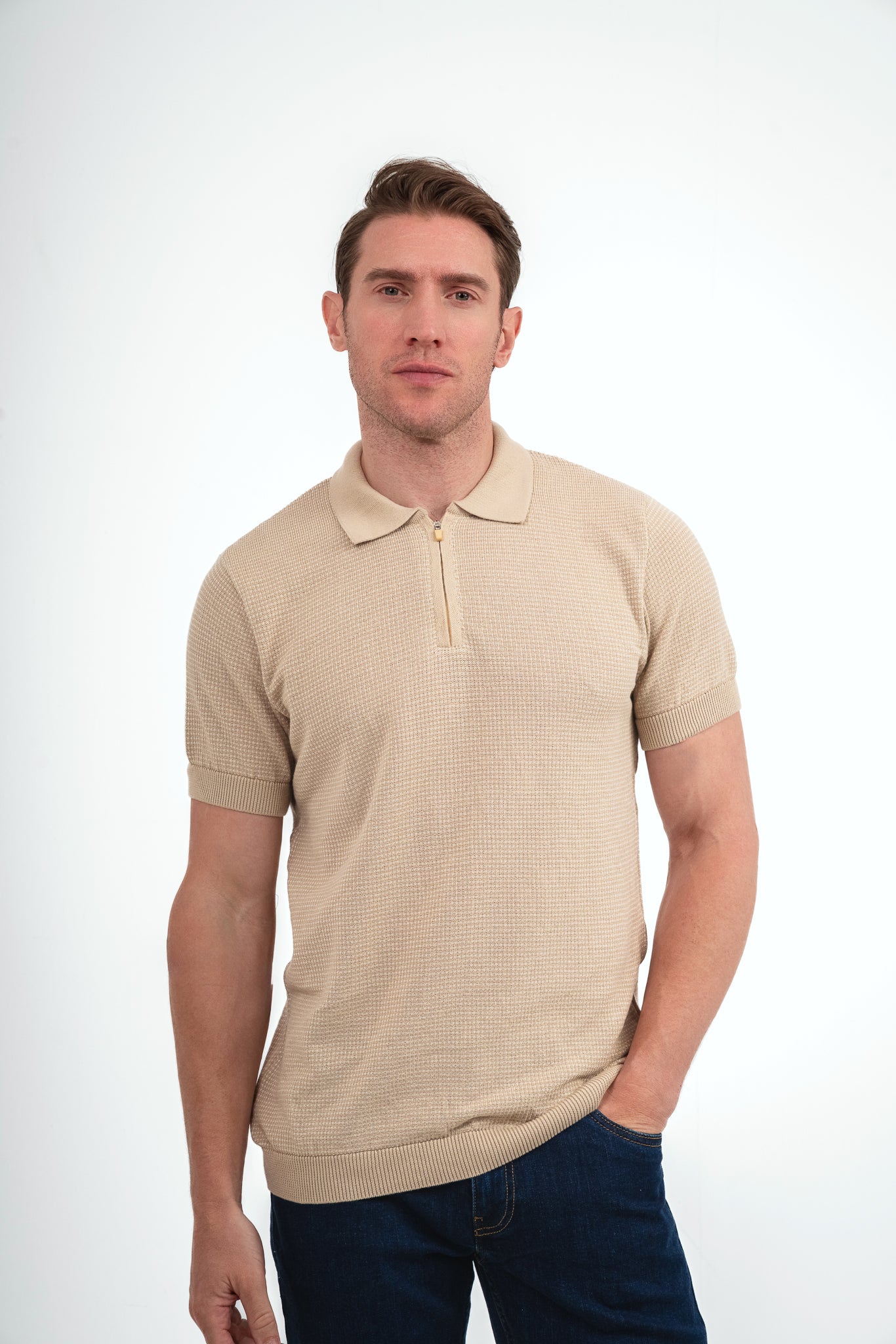 Quarter Zip Knit polo Shirt - Beige