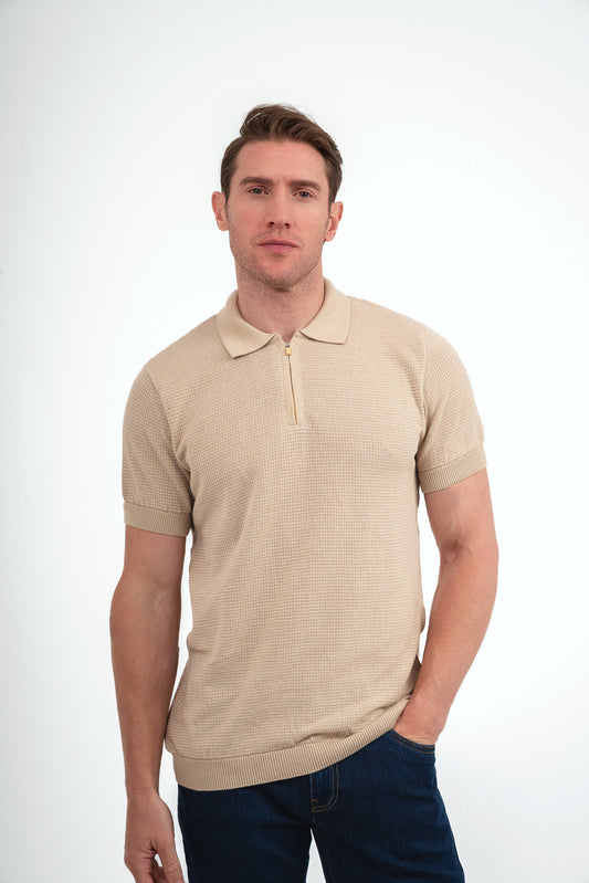 Quarter Zip Knit polo Shirt - Beige