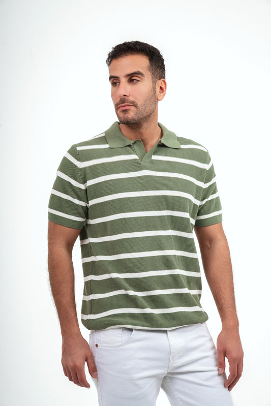 Striped Kint Polo Shirt  - Olive*White