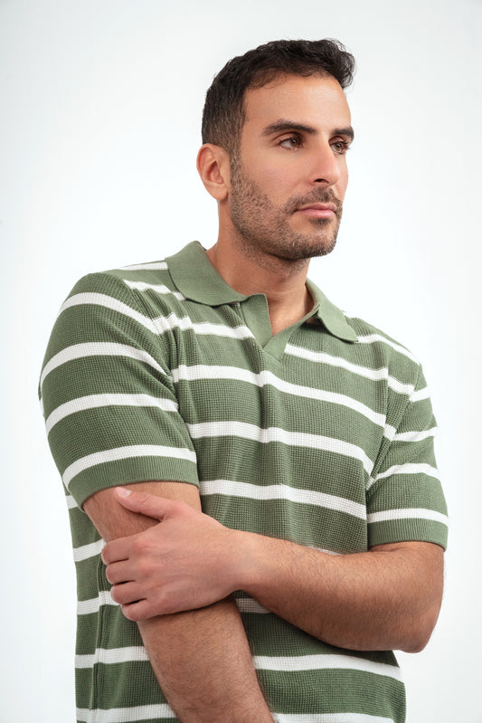 Striped Kint Polo Shirt  - Olive*White