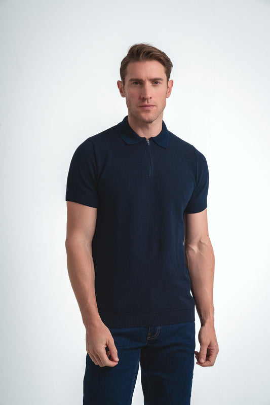 Quarter Zip Knit polo Shirt - Navy Blue