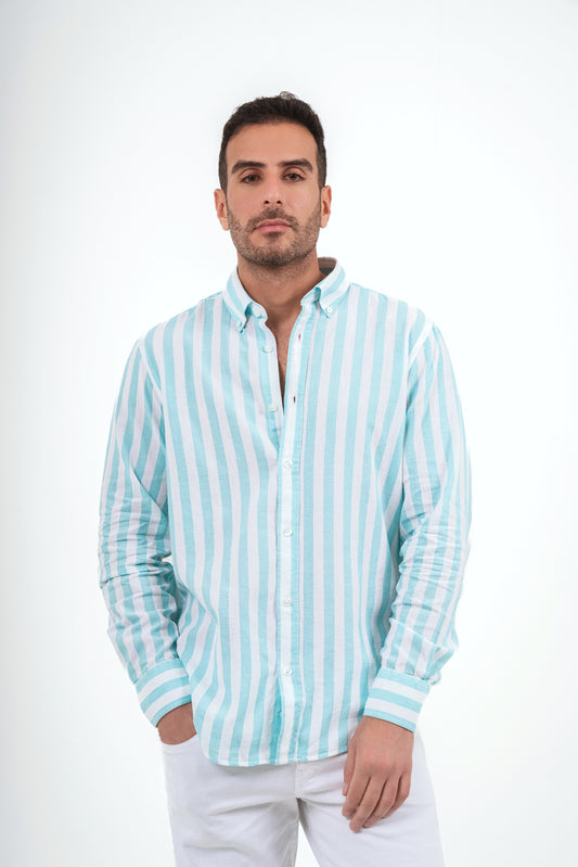 Striped Linen Shirt - White X Turquoise