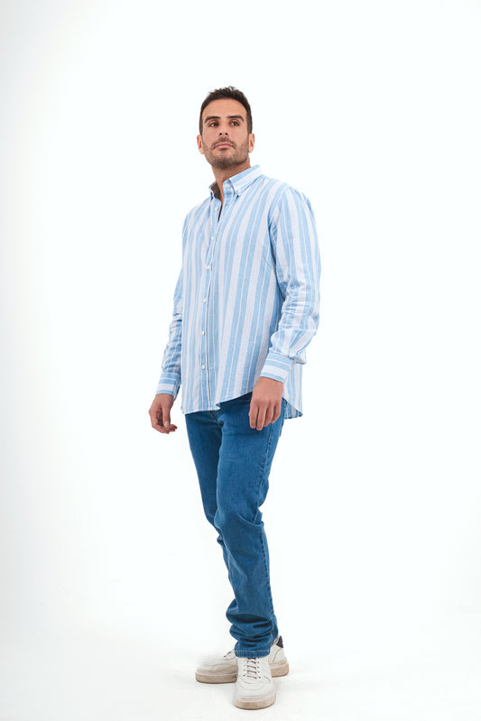 Striped Linen Shirt - White X  Baby Blue