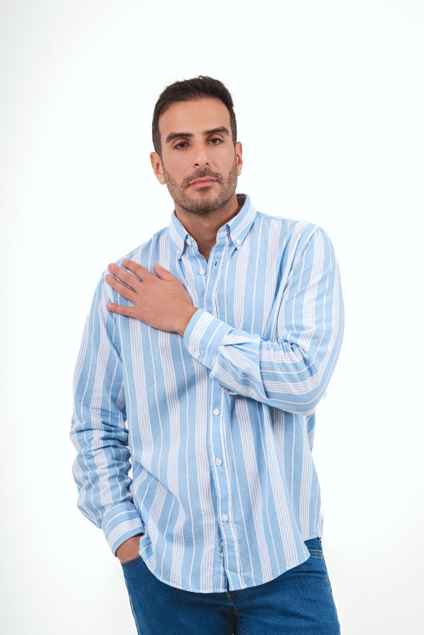 Striped Linen Shirt - White X  Baby Blue