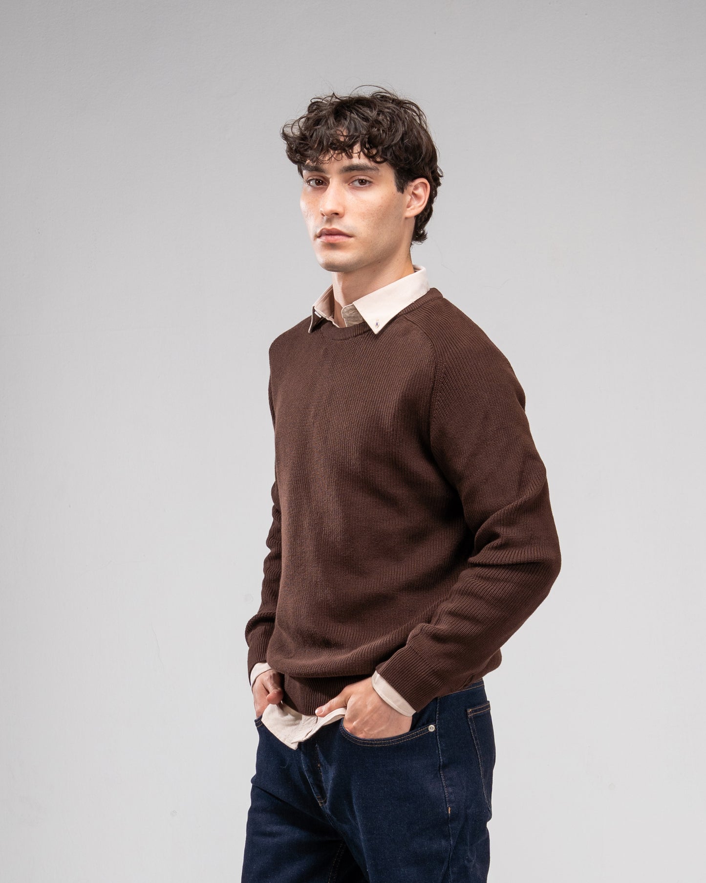 Knit Crew Neck Jumper - Brown