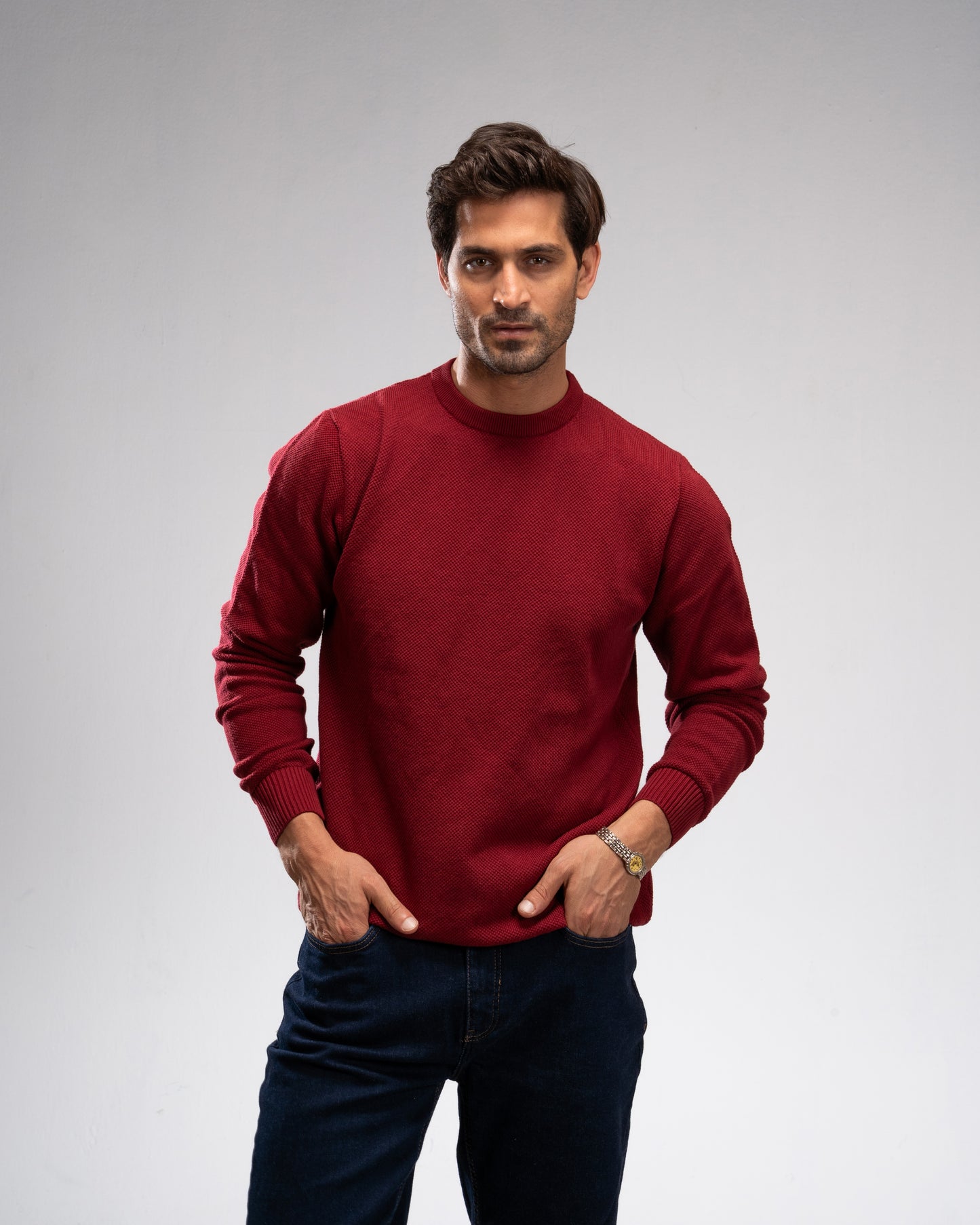 Pique Knit Crew Neck Sweater - Burgundy