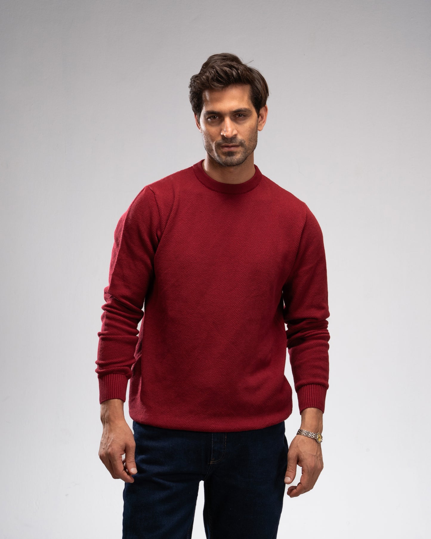 Pique Knit Crew Neck Sweater - Burgundy