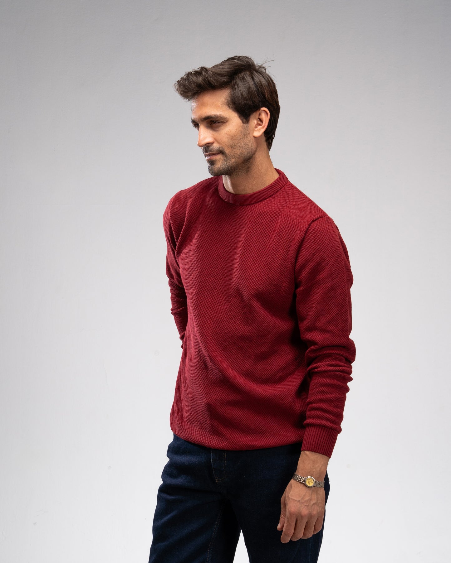 Pique Knit Crew Neck Sweater - Burgundy