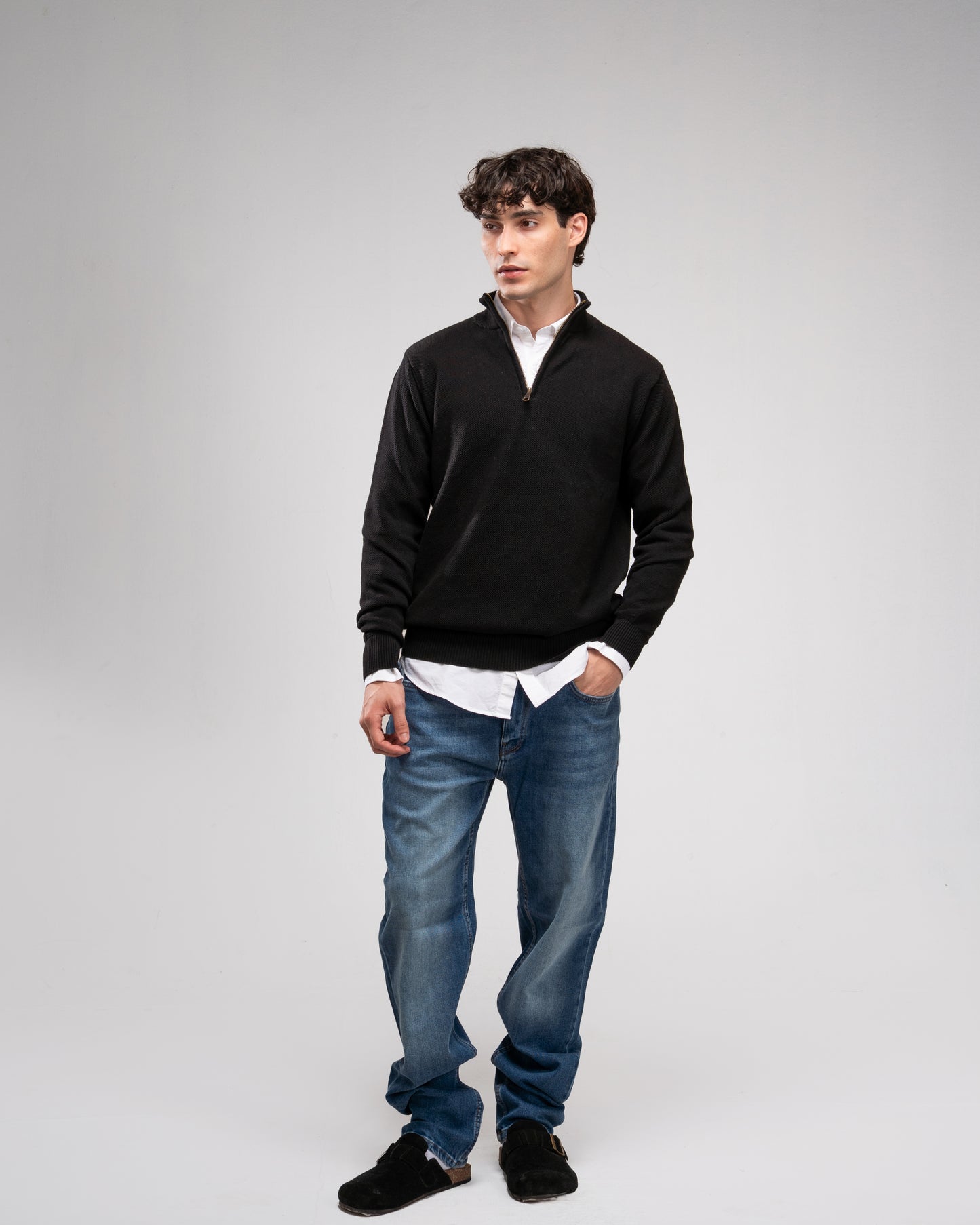 Pique Knit Quarter-Zip Sweater - Black