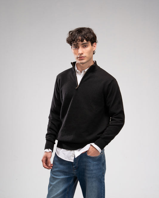 Pique Knit Quarter-Zip Sweater - Black