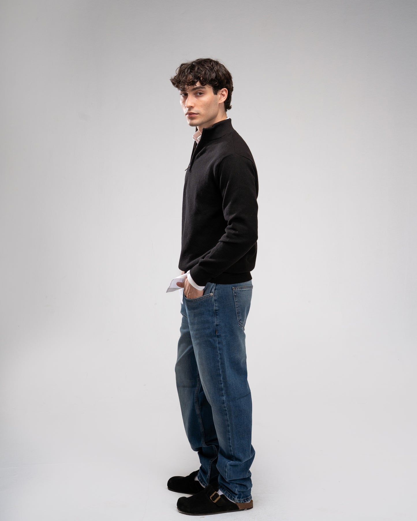 Pique Knit Quarter-Zip Sweater - Black