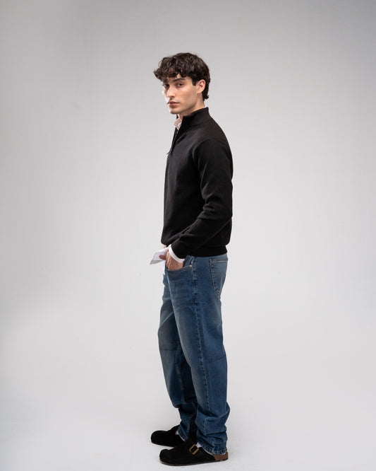 Pique Knit Quarter-Zip Sweater - Black