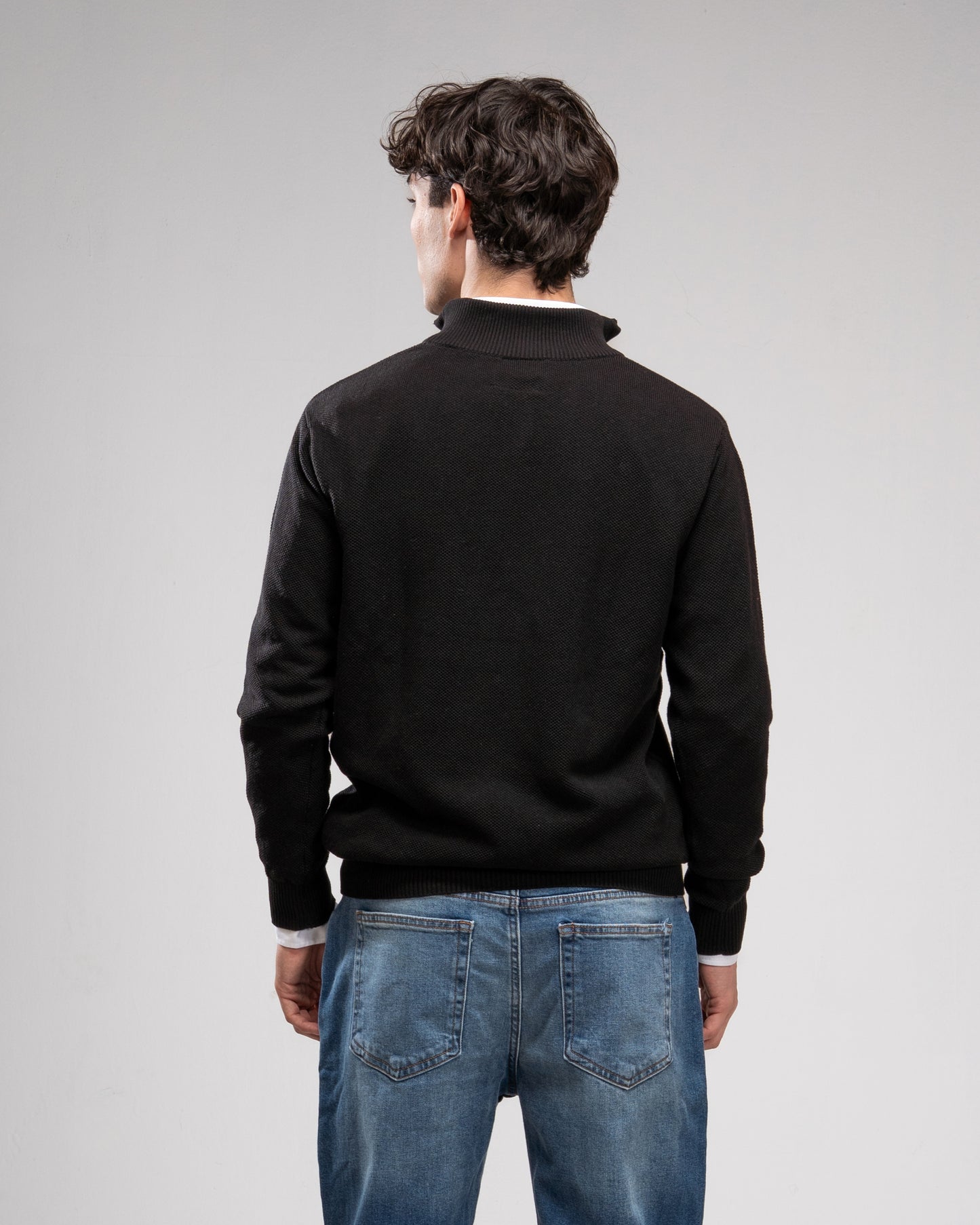 Pique Knit Quarter-Zip Sweater - Black