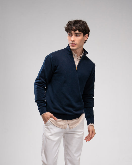 Pique Knit Quarter-Zip Sweater - Navy Blue