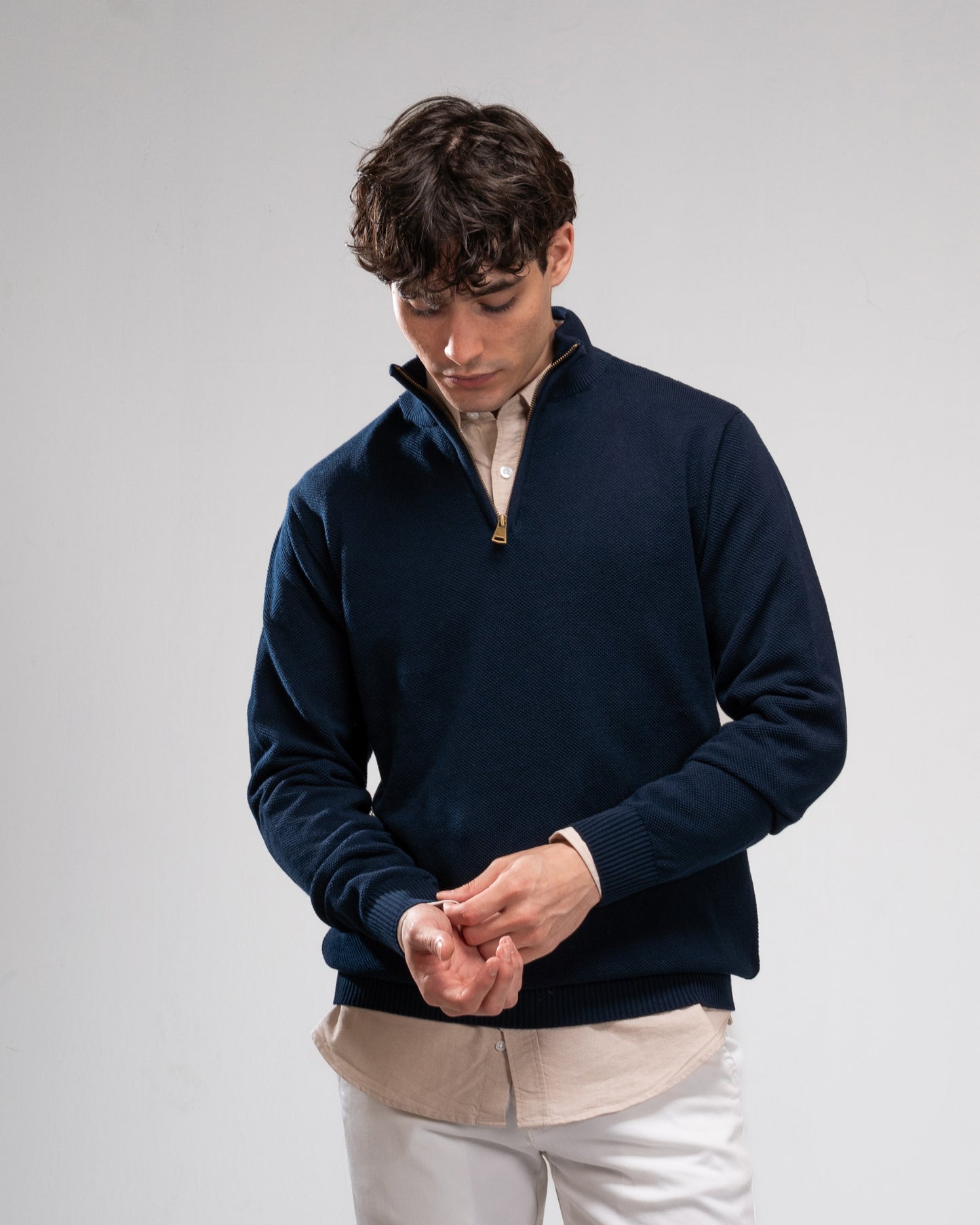 Pique Knit Quarter-Zip Sweater - Navy Blue