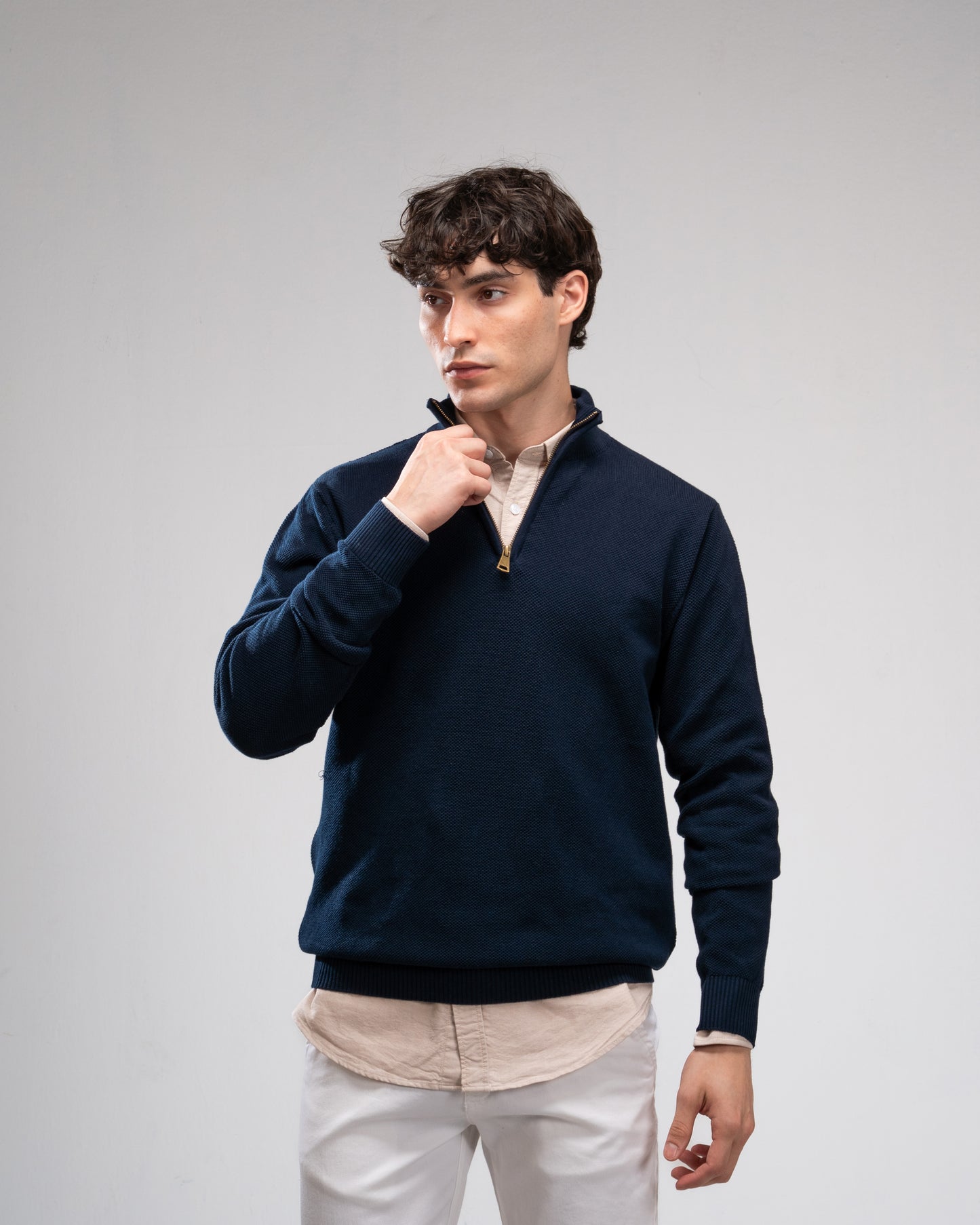 Pique Knit Quarter-Zip Sweater - Navy Blue