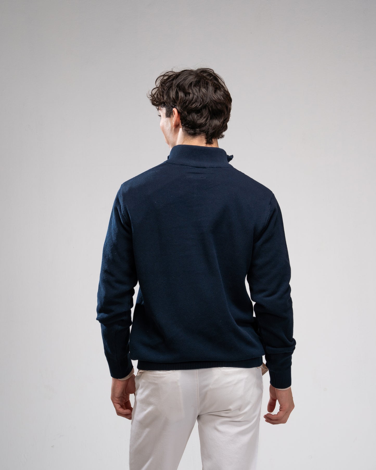 Pique Knit Quarter-Zip Sweater - Navy Blue