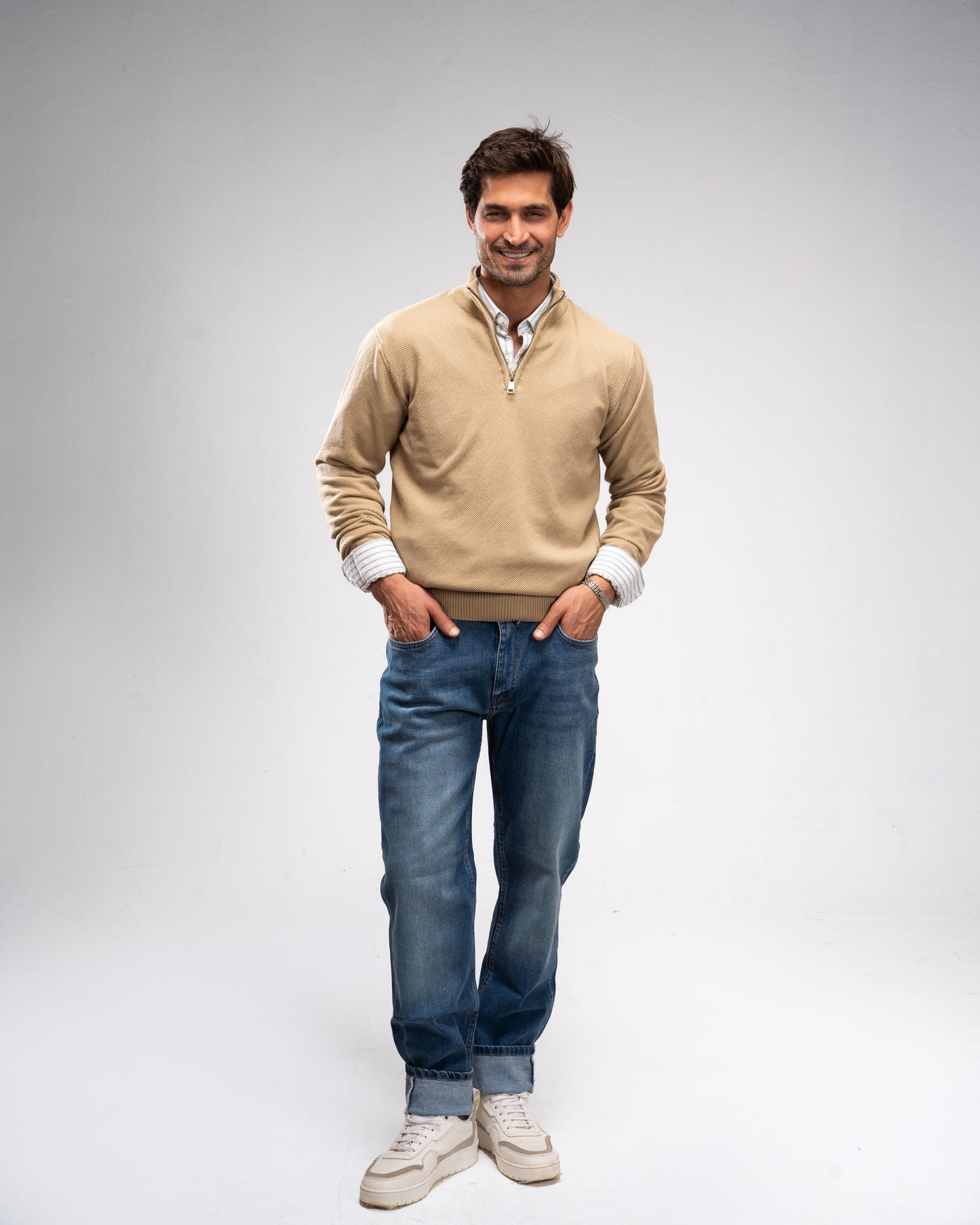 Pique Knit Quarter-Zip Sweater - Beige